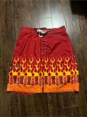 Red Flame-Striped Men’s Swim Board Shorts